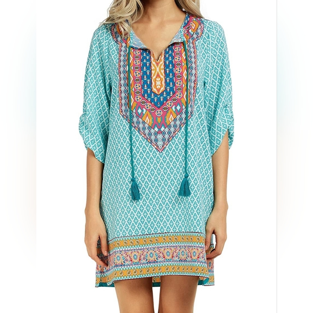 Bohemian dress featured neck tie and vintage floral printed.